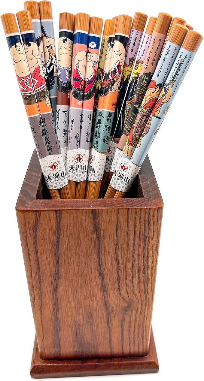 10 Pairs Reusable Bamboo Chopsticks, Samurai&Semo Pattern Natural Bamboo Wood Chopsticks, 8.8Inch/22.5cm Polybag packing by LANHUTHS