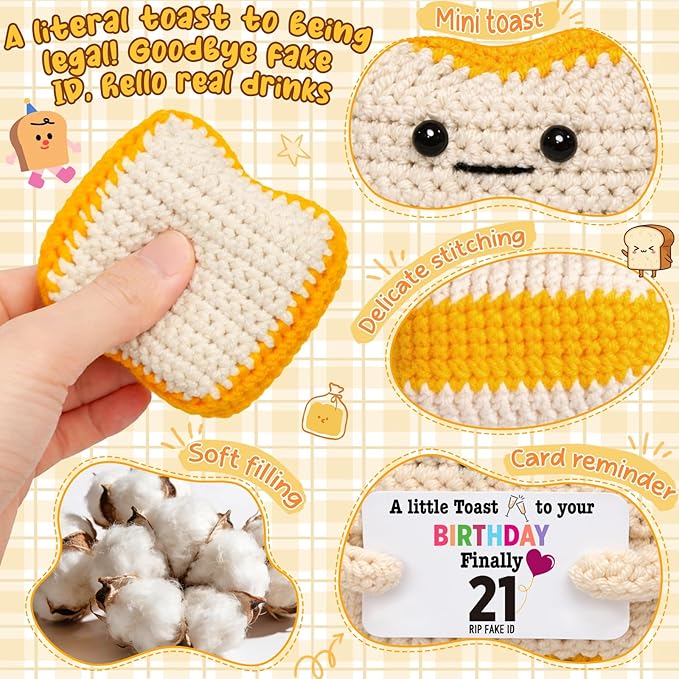 Finally 21 - Funny 21st Birthday Gift for Her Him - Crochet Toast with 'RlP Fake ID' Gag Message - Unique Adult Birthday Decor & Keepsake for Daughter, Son, Friend, Sister female Male From Mom Dad