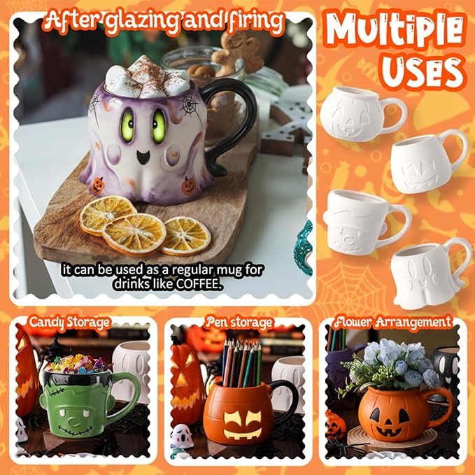 Zubebe 4 Sets Halloween Paint Your Own Mugs Craft Kit, Halloween Ceramic to Paint, Bat Face Green Monster Ghost Jack-o'-Lantern Pumpkin DIY Mugs, Festive Coffee Tea Cup with Paints, Brushes & Palette