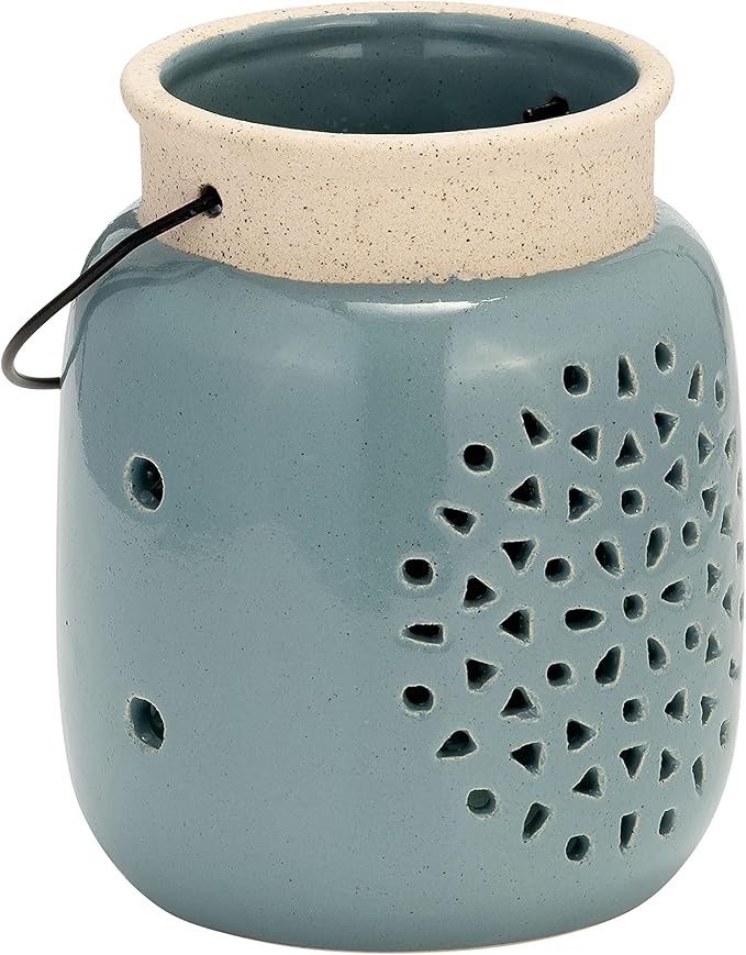 Sagebrook Home Ceramic Hurricane Lantern with Cutout Design - Stoneware Decorative Candle Holder for Home, Office & Living Room - Rustic Garden Accent - 6" Blue