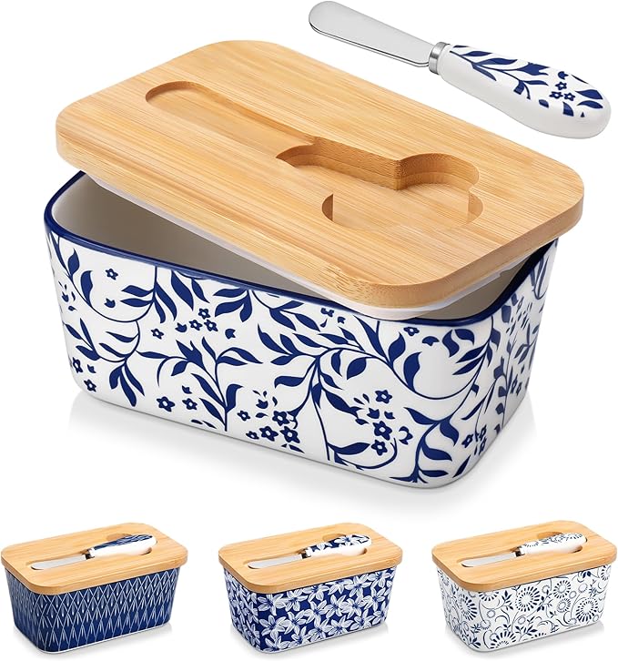 vancasso SELENE Butter Dish with Lid, 6.5" Large Butter Dish for Countertop, Ceramic Butter Keeper Container with Knife and Bamboo Lid, Delicate Floral Pattern
