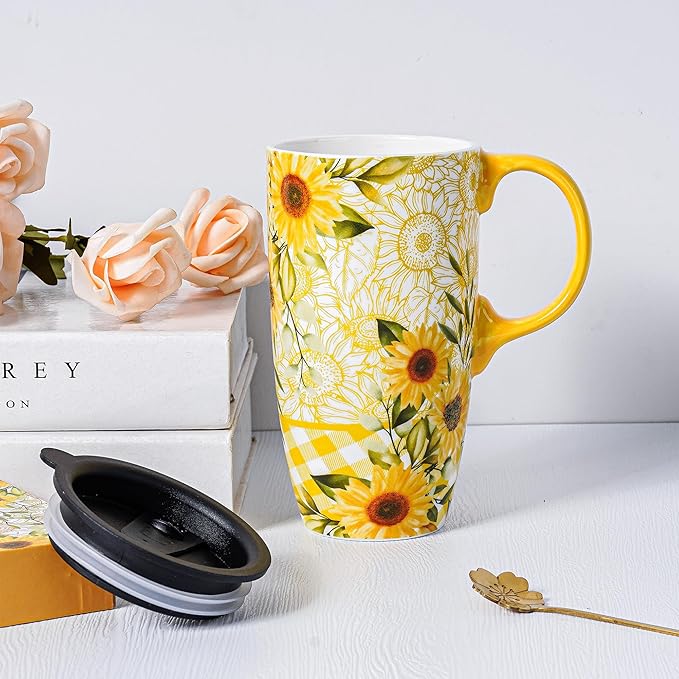 DUSVALLY Ceramic Tall Coffee Mug, Friends Coffee Cup Gift Set, Travel Mug with Lid for Office and Home, Porcelain Mug Unique Gifts for Women and Man, Color Box, 17 oz, Yellow Sunflower