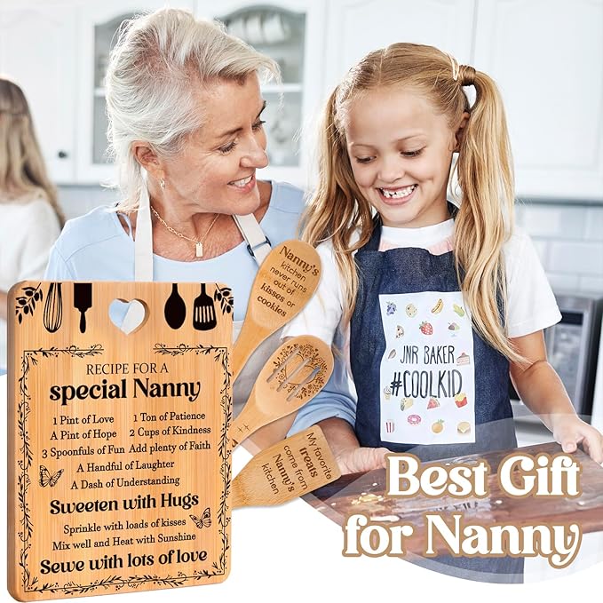 Gifts for Nanny - "Recipe for a Special Nanny" Nanny Gifts Cutting Board Set, Bamboo-Made Engraved Utensil Set Nanny Gifts for Grandma, Best Nanny Gifts