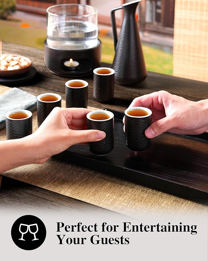 ZENS Sake Set with Warmer, 12 Ounce Embossed Ceramic Sake Bottle 6 Sake Cups and Glass Pot for Hot or Cold Japanese Sake, Black Sake Carafe Gift Sets with Cotton Towel