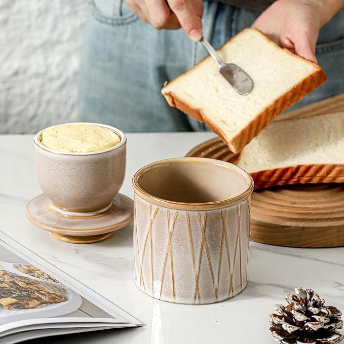 HVH Ceramic Butter Crock with Water Line, French Butter Dish with Lid for Countertop, Butter Keeper for Counter, Butter Holder for Soft Butter, Irregular Striped (Sand Color, 4x4)
