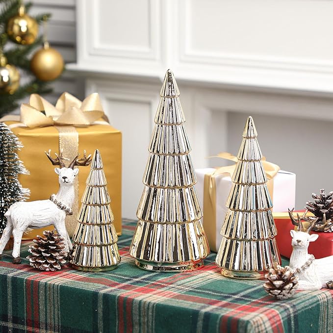 Wesiti 3 Pieces Gold Ceramic Christmas Tree Figurines Tabletop Small Decorative Xmas Tree Desktop 6.3" & 8.1" & 10.2" Tall Holiday Table Centerpieces for Office Home Mantle Shelf Cabinet Decor Indoor