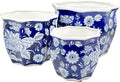 Galt International Dark Blue & White Round Fluted Floral Porcelain Ceramic Plant Flower Planter Pot Set of 3 (7.5", 10", 13") Garden Pots Chinese Asian Design