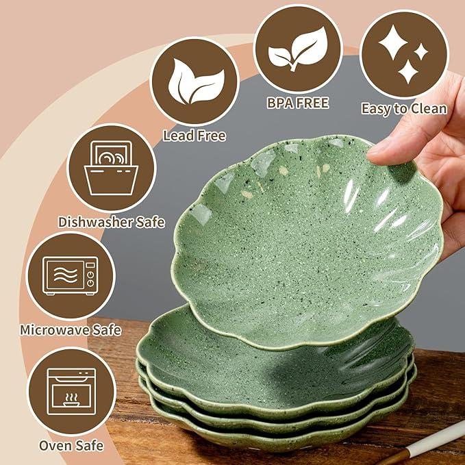 Small Dessert Plates Set of 4,Ceramic Dinner Plates 6 Inch for Appetizer, Fruits, Cake, Salad,Microwave Safe,Christmas Gift,Green