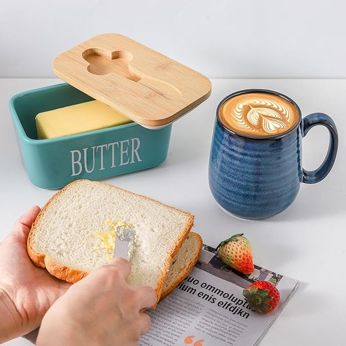 Hasense Porcelain Butter Dish with Lid for Countertop, Large Ceramic Butter Dish with Knife, Airtight Butter Keeper Container with Cover Perfect for East West Coast Butter, Turquoise