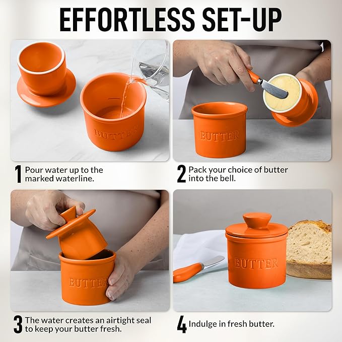 Zulay Kitchen Bell Shaped Butter Crock with Lid for Countertop with Water Line & Spreader Knife, Ceramic French Butter Dish Keeper For Fresh, Soft & Spreadable Butter - Orange