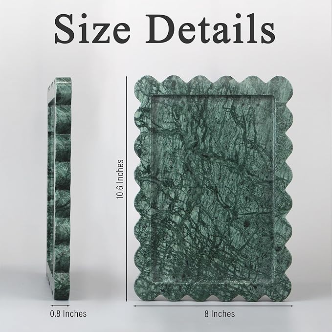 Real Natural Marble Tray, Luxury Scalloped Vanity Decorative Tray, Genuine Indian Green Stone Tray for Bathroom Dresser, Home Decor, Kitchen Storage, Non-Resin/Ceramic, 10.6" x 8", Green