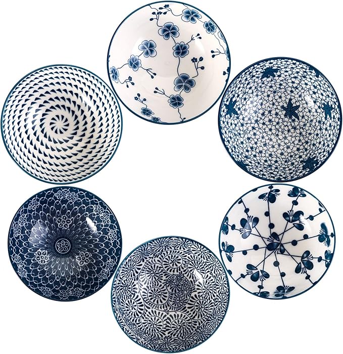 Foraineam 6 Pieces Blue and White Floral Rice Bowl Set 8 oz Japanese Style Cereal Bowls, Assorted Designs