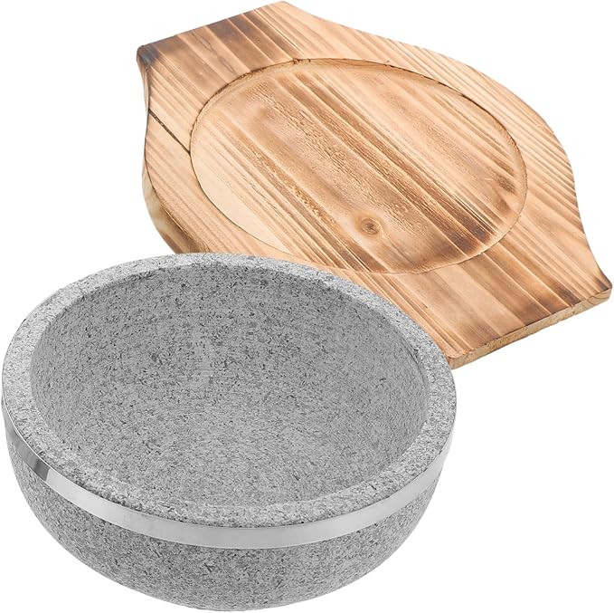 1set Korean Stone Pot - Natural Stone Bowl for Authentic Dishes No Coating Wood Base for Bibimbap Soup and Stews