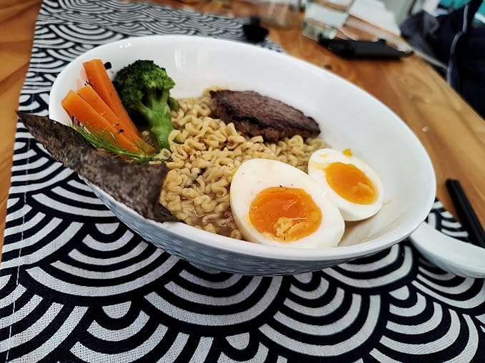 4 Ramen Bowls, 12 pieces Pho set. Gray White Asian Japanese soup. Utensil: Spoons And Chopsticks kit. Melamine. Large 37 oz. Noodles, Rice, Udon, Thai, Chinese, Korean, Wonton, Miso.