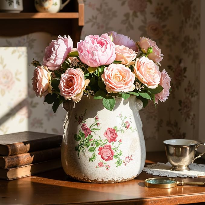 Ceramic Scroll Planter 6.5 Inch Chinoiserie Floral Vase with Drainage Holes Vintage Flower Vase Flower Pot Rustic Ceramic Pots for Indoor Plants Garden Home Bookshelf Decor (Pink Green)
