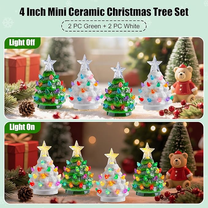 Brightown 4.3 Inch Mini Ceramic Christmas Tree Set - 4 Pack Tabletop Christmas Tree with Multicolored LED Lights, Battery Operated Small Lighted Tree for Home Office Table Holiday Decorations