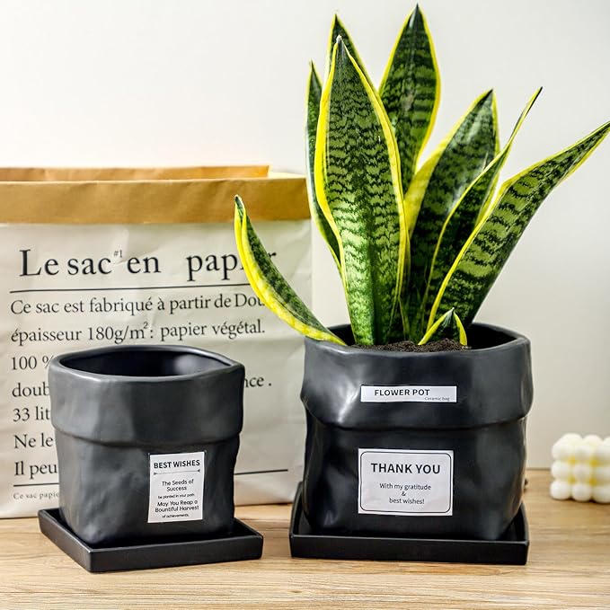Nihow Ceramic Plant Pot: 8 Inch Planter with Drainage Hole & Square Saucer for Herbs/Plants, Bag Shape Design Flower Pot for Indoor & Outdoor Garden Decor - Black