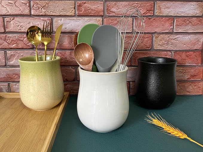 Short Kitchen Utensil Holder for Kitchen Counter, Ceramic Small Utensil Crock & Vase & Holder for Cutlery Spatula Brush Silverware Cooking Utensil Holder (Retro White)