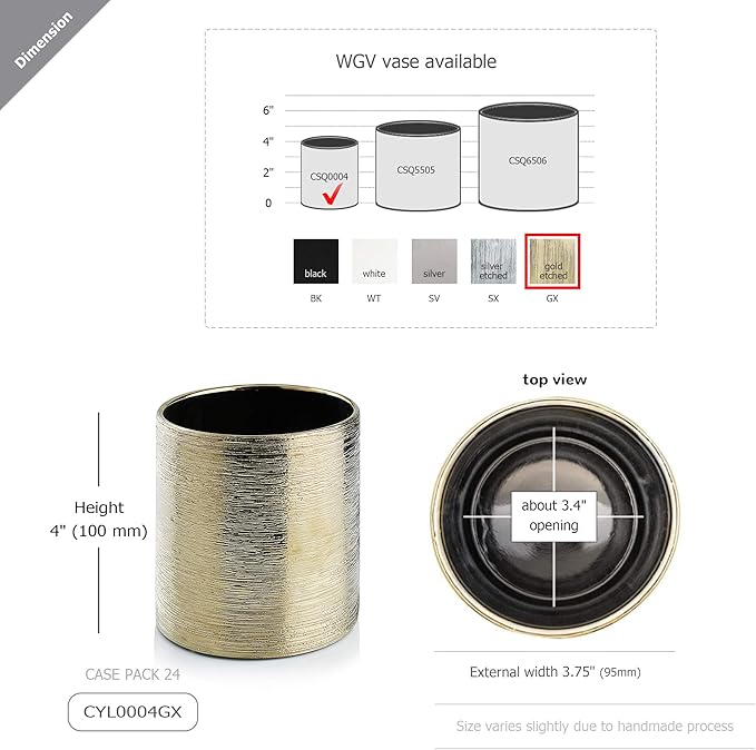 WGVI Gold Etched Ceramic Cylinder Vase Width 3.75" Height 4", Flower Arrangements, Candle Holder, Terrarium Planter Pot, Storage Container Organizer, Pen Brush Holder, Scratched Texture, 6 Pcs