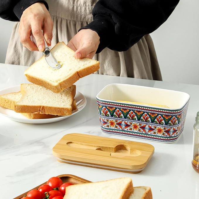Hasense Ceramic Butter Dish with Lid,Butter Dish with Lid for Countertop,Airtight Covered Butter Keeper with Bamboo Lid and Knife,Butter Holder for Counter,Green Bloom