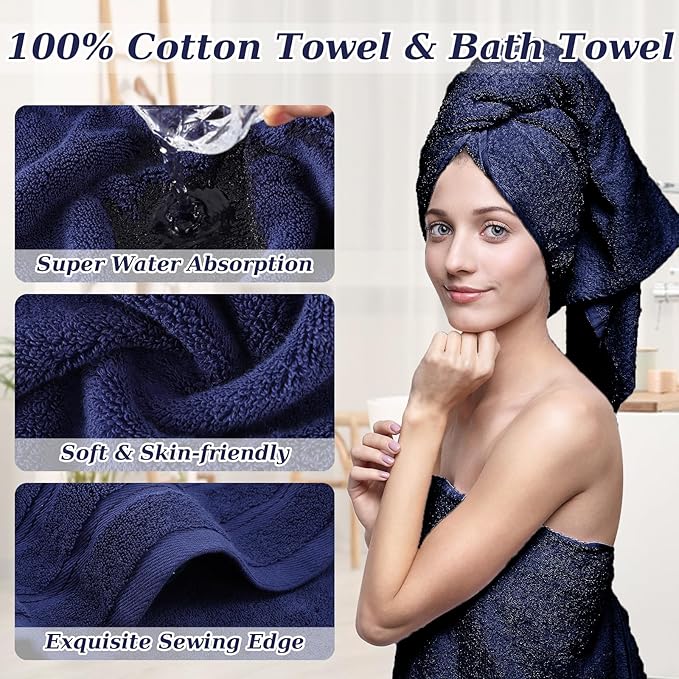 Navy Blue Bathroom Set, Bathroom Accessories Set with Shower Curtain, Bath Towel Set, Blue Shower Curtain Set with Bathroom Trash Can, Soap Dispenser, Soap Dish for Home Decor