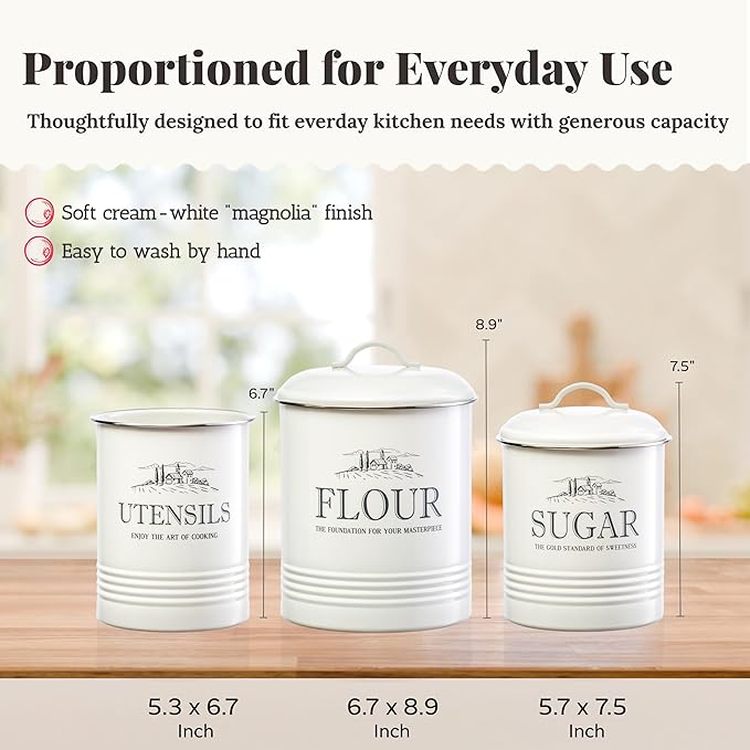 Kitchen Canisters for Countertop – 3-Piece Airtight Canister Set for the Kitchen Counter with Utensil Holder – Flour Sugar Containers – Cream-White Magnolia Finish