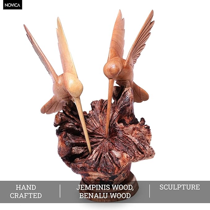 NOVICA Artisan Crafted Handcarved Wood Sculpture | Hummingbird Figurine Decor | Sustainable Animal Themed | Benalu & Jempinis Wood | NAT Geo Decoration | Indonesia ' Hummingbird Couple' 7.5" H x 6" W