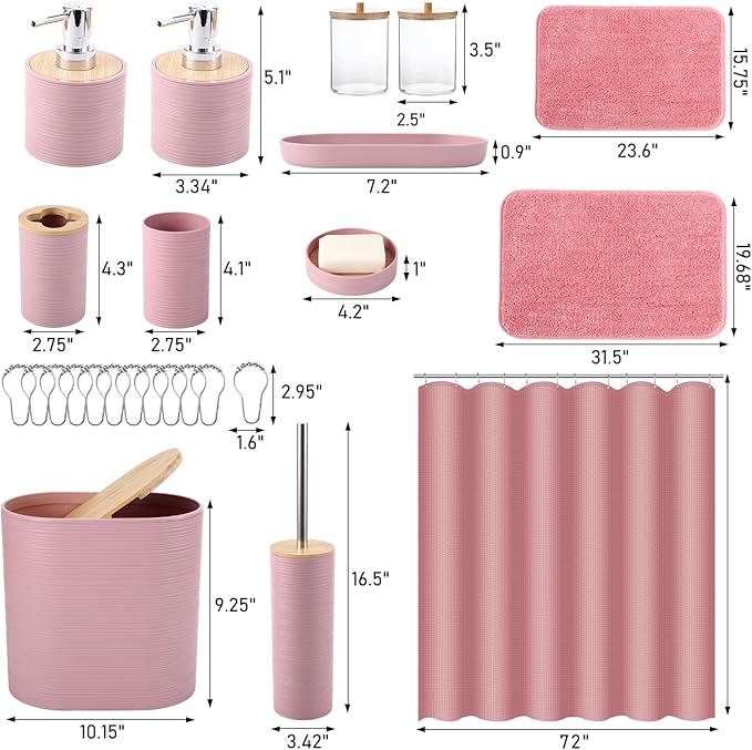 Bathroom Set - Pink Bathroom Accessories Set, Bathroom Sets with Shower Curtain and Rugs, 25PC Shower Curtain Set with Hooks, Soap Dispenser, Soap Dish, Toilet Brush Holder and Trash Can