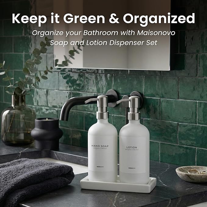 MaisoNovo Soap and Lotion Dispenser Set - Bathroom Soap Dispenser Set with White Soap Dispenser, Silver Pumps & Concrete Tray