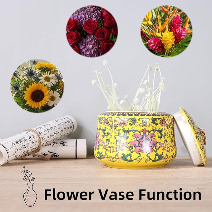 Handmade Chinoiserie Enamel Ginger Jar with Lid,Decorative Storage Jar for Loose Tea,Nuts & Snacks,Ceramic Vase Style Home Decor Canister,Colorful Jar for Kitchen,Living Room (Yellow Jar)