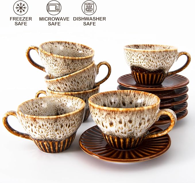 2 oz Espresso Cups Set of 6, Ceramic Cappuccino Cups with Saucers, Stackable Coffee Cup for Macchiato, Single shot, Tea, Coffee Lover Gifts, Glazed White