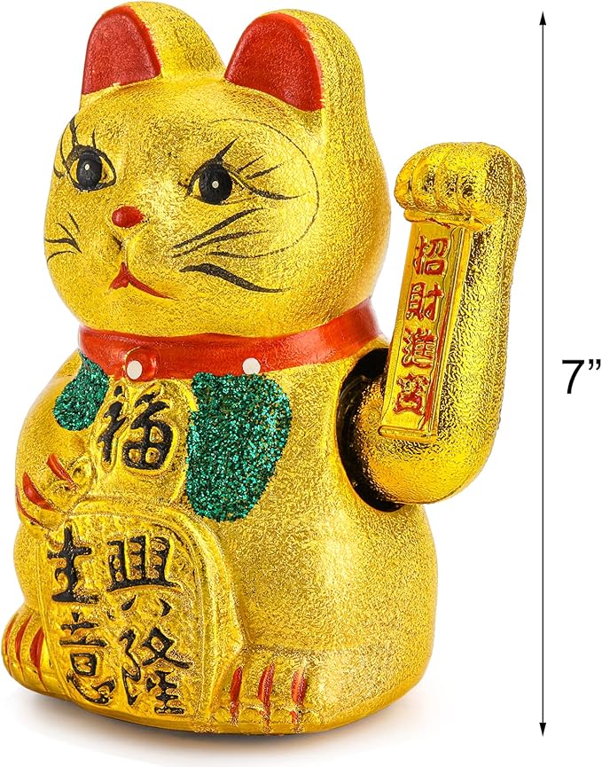 Elsjoy 2 Pack Lucky Cat Beckoning Maneki Neko with Waving Arm, 7 Inch Gold Waving Cat Ceramic Beckoning Cat Ornament for Business, Gift, Home Decor (Battery Not Included)