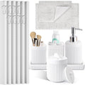 White Bathroom Sets with Shower Curtain and Rugs, 8-Piece Resin Bathroom Accessories Sets Complete with Soap Dispenser, Toothbrush Holder, Tumbler, Tray & Cotton Swab Jars Bathroom Essentials