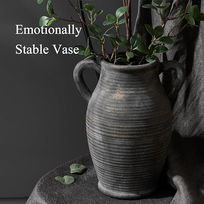 Emotionally Grounded Vase, Vaseking Large Ceramic Rustic Vase with 2 Handles, 9.8 inch Minimalist Decorative Farmhouse Tall Vases for Home Decor, Living Room, Enterway, Table Decoration, Bronze