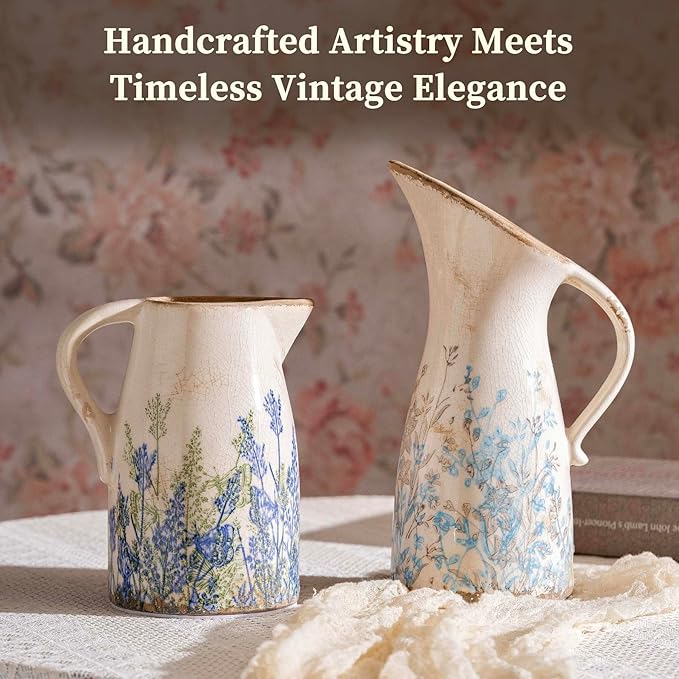 Vintage Ceramic Pitcher Vase with Handle, Farmhouse Blue and Brown Large Floral Vases, French Country Decorative Vase, Rustic Table Centerpiece for Home Decor Living Room, Bookshelf, Office 10.5 Inch