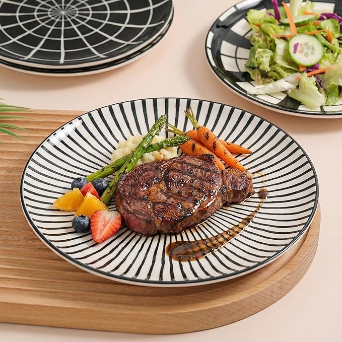 Ceramic Dessert Plates 8 Inch - Salad Appetizer Plate Set of 6 - Modern Japanese Style - Dishwasher and Microwave Safe - Black and White