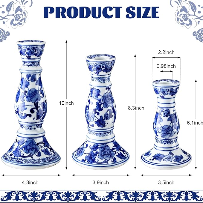 Soaoo Set of 3 Blue and White Porcelain Ceramic Pillar Candle Holder Chinoiserie Pillar Candle Holders Candlestick Decoration for Wedding Party Fireplace Table Home Centerpiece