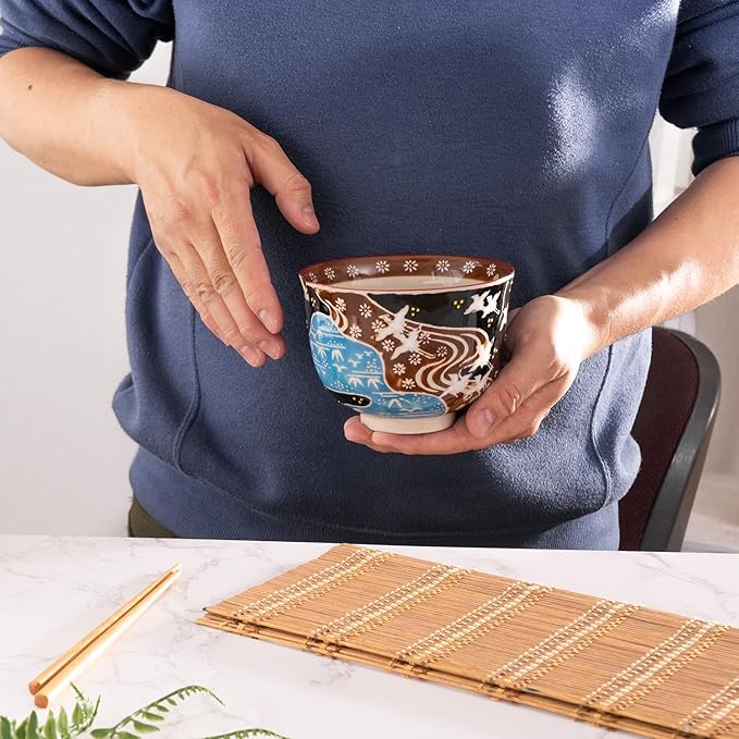 Urban Tokyo Handpainted Ceramic Glazed Japanese Ramen Udon Noodle Rice Bowl With Chopsticks 20 fl oz 5 inch Diameter Bowl Sets Color Box Packaging (Japanese Crane in Flight)