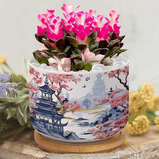 3 Piece Blue Asia Tiered Tower Coral Pink Flower Small Succulents Pots Chinoiserie Asian Flower Pot Planter with Drainage Holes Chinoiserie Garden Scenery Ceramics Planter