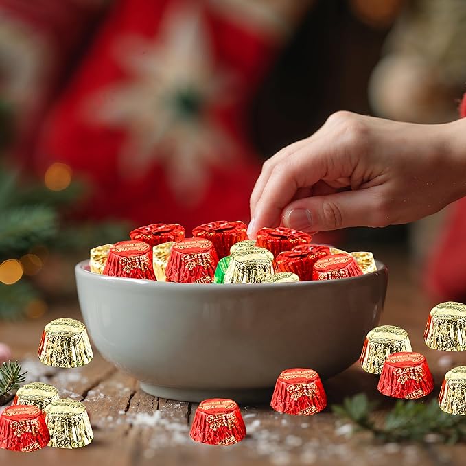Christmas Candy, Bulk 2 Lbs, Miniature Peanut Butter Cups In Red, Green and Gold Holiday Seasonal Wrap, Individually Wrapped Gluten Free Milk Chocolate Peanut Butter Cups in Bulk, Appx 100 Pieces