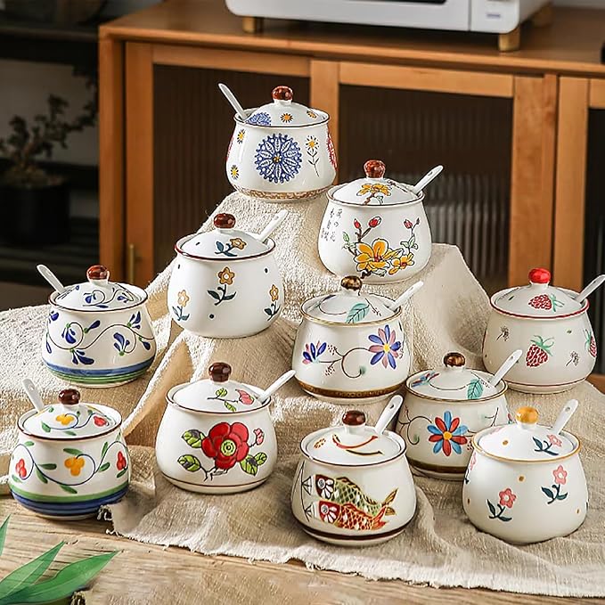 Kitchen Ceramic Condiment Jars with Lids and Spoons, 3 Piece Porcelain Seasoning Jar Set for Salt Spice Pepper Suger Bowl, Coffee Tea Container Pot with Serving Tray - Japanese Style