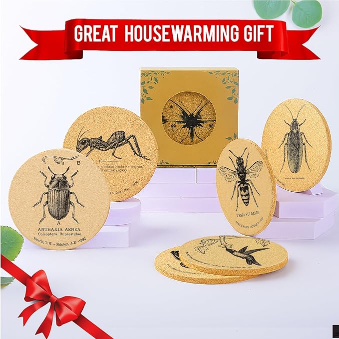 Coasters Insects for Drinks with Holder Set of 6, Butterfly Cork Coaster Absorbent for Cup Entomology Office Desk Table Coasters Kitchen Decor House Warming Gifts for New Home Couples, Round 4"