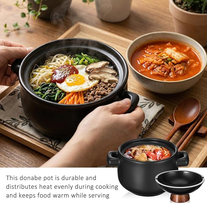 2 Pcs 84 oz Korean Stone Pot Clay Cooking Pot Set Ceramic Dolsot Bowl with Lid, Sizzling Hot Pots for Bibimbap and Soup, Kimchi, Ttukbaegi and Koreans Stew, Microwave Safe Donabe Pots, Black