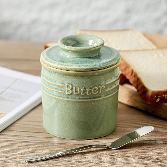HVH Ceramic Butter Crock with Water Line, French Butter Dish with Lid for Countertop, Butter Keeper for Counter, Butter Holder for Soft Butter (Turquoise, 4 x 4)