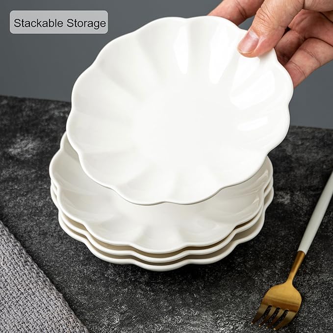 White Small Dessert Plates Set of 4,Ceramic Dinner Plates 6 Inch for Appetizer, Fruits, Cake, Salad,Microwave Safe,Christmas Gift