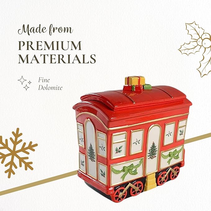 Spode Christmas Tree Cookie Jar with Lid, 8.5" Ceramic Holiday Train Car Dish for Cookies, Candy, Nuts - Festive Christmas Home Decor & Holiday Treats Jar - Great for Collectors