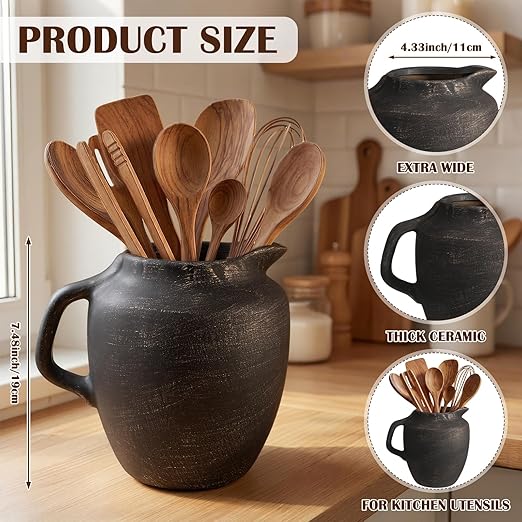 Rustic Kitchen Utensil Holder with Handle,7.48" H Ceramic Vintage Utensil Crock for Countertop, Farmhouse Kitchen Decoration Ceramic Pot for Spatulas Spoons Tongs(Novelty,Antique Black Gold)