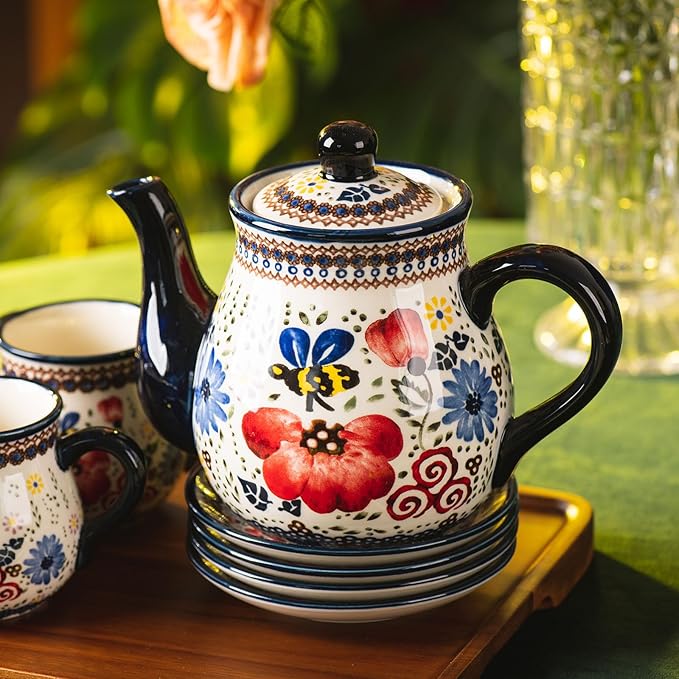 polish pottery style porcelain ceramic 10 piece Tea set,7.2oz tea cup and sauce set of 4,28.2oz teapot and 1wooden tray (Honey Bee Flower)
