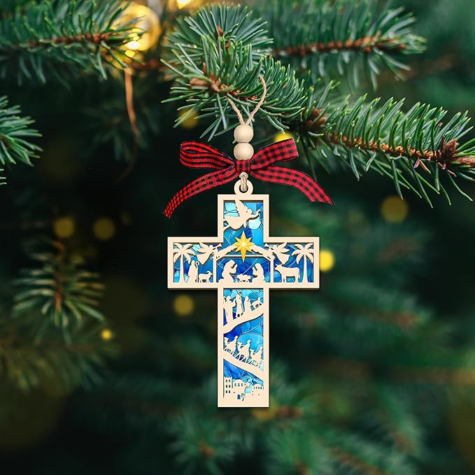 HEXMOZ Nativity Cross Ornament for Christmas Tree - Religious, Christian Christmas Ornaments 2025 Gifts for Family - Acrylic Wood Nativity Scene Cross, Jesus Hanging Ornament, Holy Family Decoration