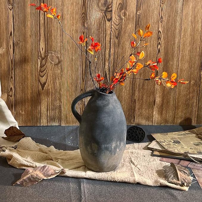 Rustic Ceramic Vase with Handle, Farmhouse Handmade Pottery Vase, Vintage Rustic Vase for Living Room, Kitchen, Home Decor, Thanksgiving, Centerpieces - 9.6 Inch